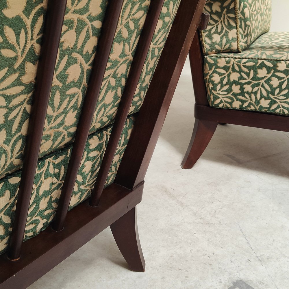 Art Deco Chairs in Wood and Patterned Green Fabric by Ziara Pravenec for Thonet, 1940, Set of 2