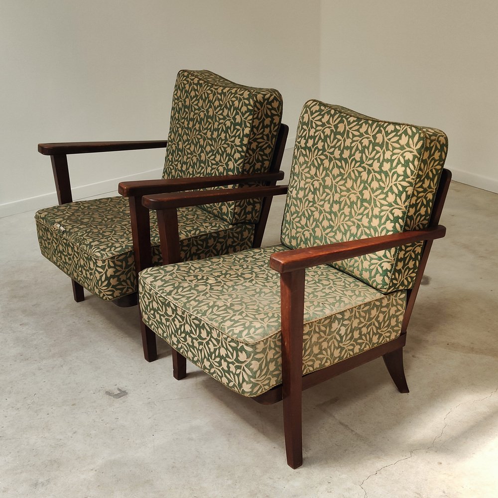 Art Deco Chairs in Wood and Patterned Green Fabric by Ziara Pravenec for Thonet, 1940, Set of 2