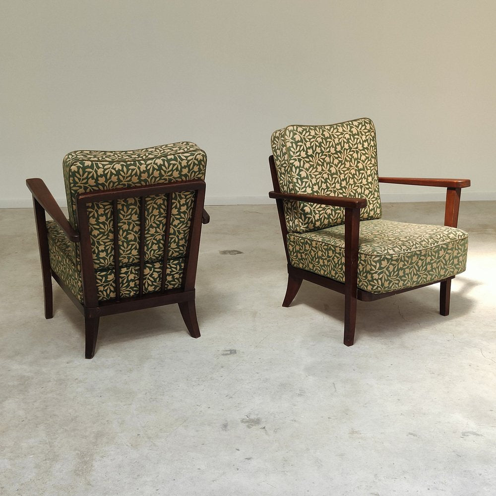 Art Deco Chairs in Wood and Patterned Green Fabric by Ziara Pravenec for Thonet, 1940, Set of 2