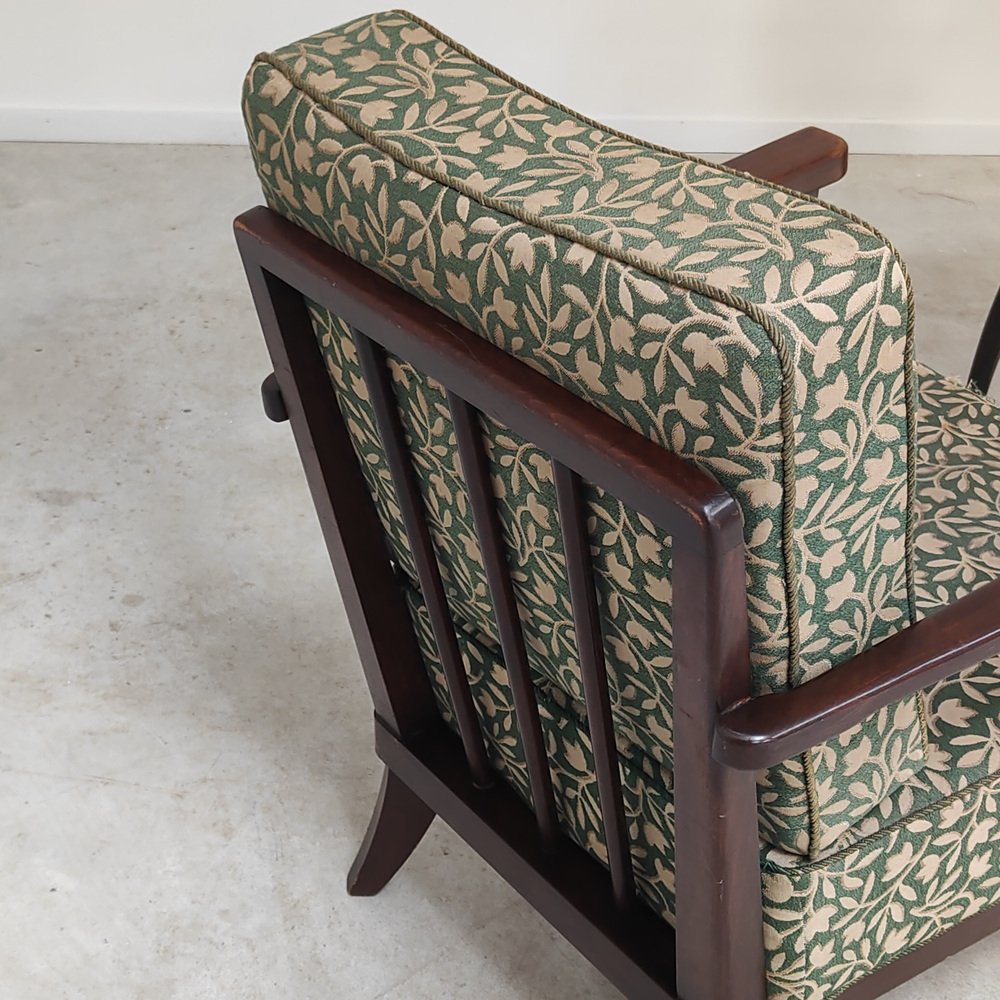 Art Deco Chairs in Wood and Patterned Green Fabric by Ziara Pravenec for Thonet, 1940, Set of 2