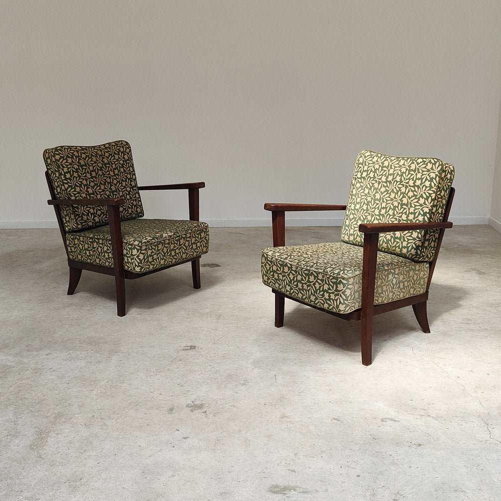 Art Deco Chairs in Wood and Patterned Green Fabric by Ziara Pravenec for Thonet, 1940, Set of 2