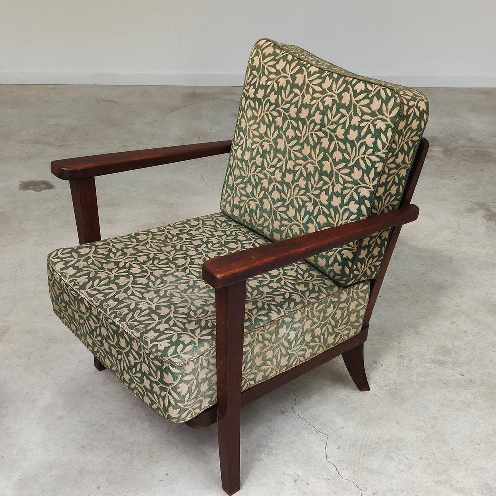 Art Deco Chairs in Wood and Patterned Green Fabric by Ziara Pravenec for Thonet, 1940, Set of 2