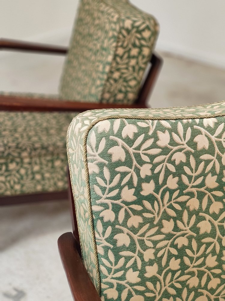 Art Deco Chairs in Wood and Patterned Green Fabric by Ziara Pravenec for Thonet, 1940, Set of 2