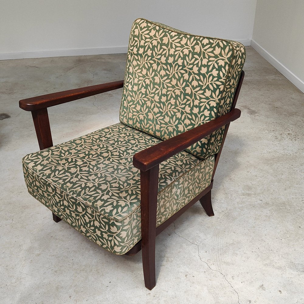 Art Deco Chairs in Wood and Patterned Green Fabric by Ziara Pravenec for Thonet, 1940, Set of 2