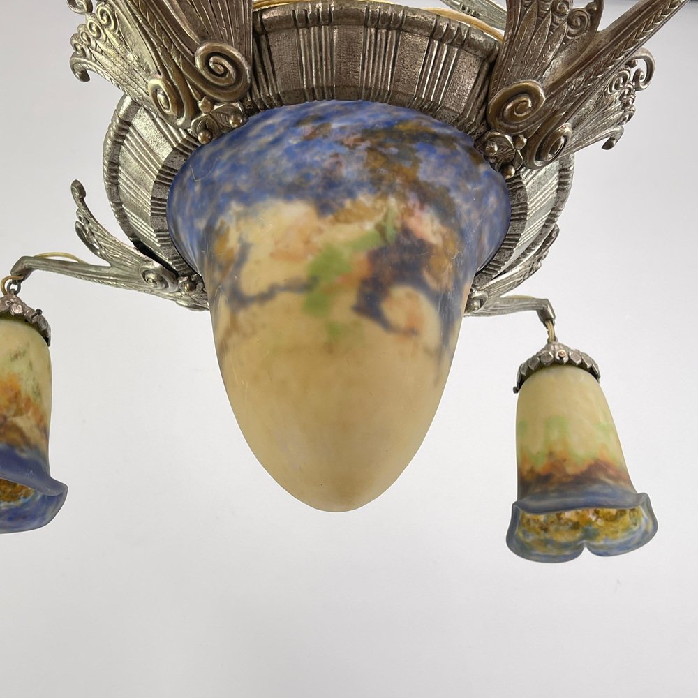 Art Deco Chandelier attributed to Muller Freres Luneville Pate De Verre, 1920s