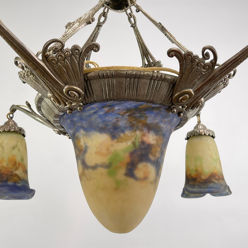 Art Deco Chandelier attributed to Muller Freres Luneville Pate De Verre, 1920s