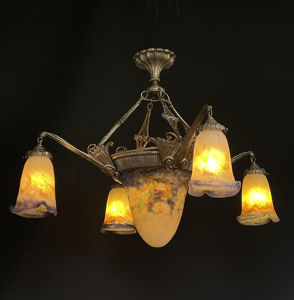 Art Deco Chandelier attributed to Muller Freres Luneville Pate De Verre, 1920s