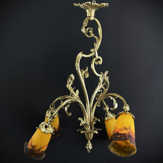 Art Deco Chandelier attributed to Muller Freres Luneville Pate De Verre Bronze, 1920s