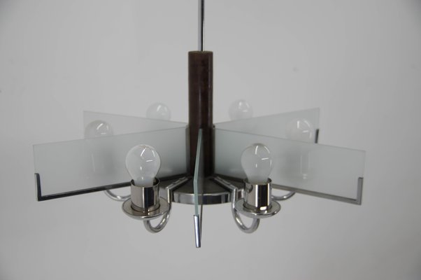 Art Deco Chandelier in Chrome, Wood and Sandblasted Glass, 1940s-TZ-1137494