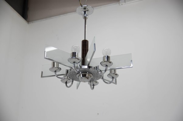 Art Deco Chandelier in Chrome, Wood and Sandblasted Glass, 1940s-TZ-1137494