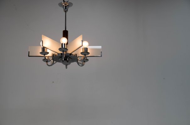 Art Deco Chandelier in Chrome, Wood and Sandblasted Glass, 1940s-TZ-1137494