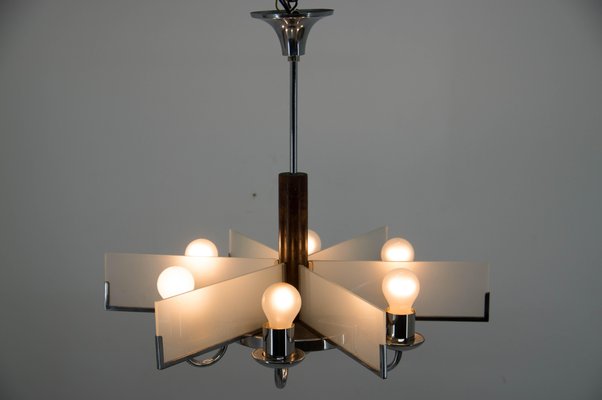 Art Deco Chandelier in Chrome, Wood and Sandblasted Glass, 1940s-TZ-1137494