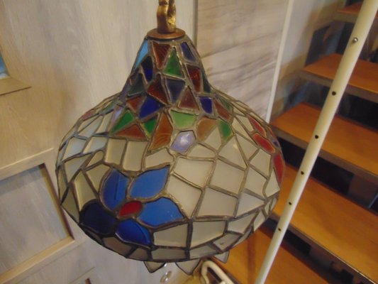 Art Deco Chandelier in Stained Glass and Brass-CAQ-1098530