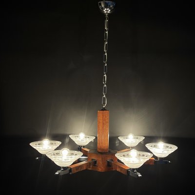 Art Deco Chandelier in Wood and Chrome, 1930s-JUZ-1813990