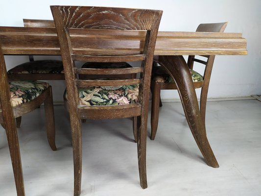 Art Deco Cherry Oak Table and Chairs, 1940s, Set of 7-EAD-1451606