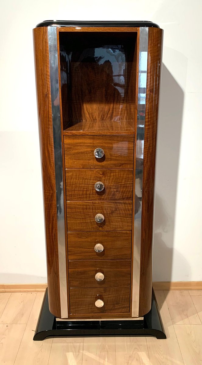 Art Deco Chiffonier or High Chest with Six Drawers, Walnut, France, circa 1930