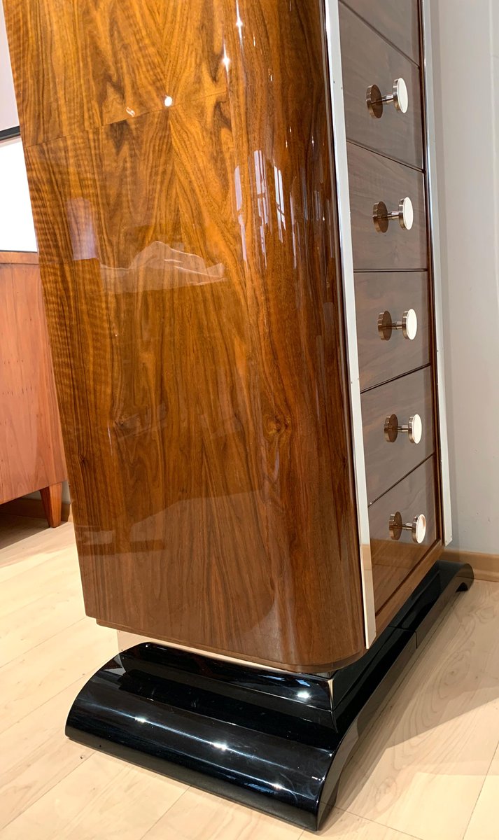 Art Deco Chiffonier or High Chest with Six Drawers, Walnut, France, circa 1930