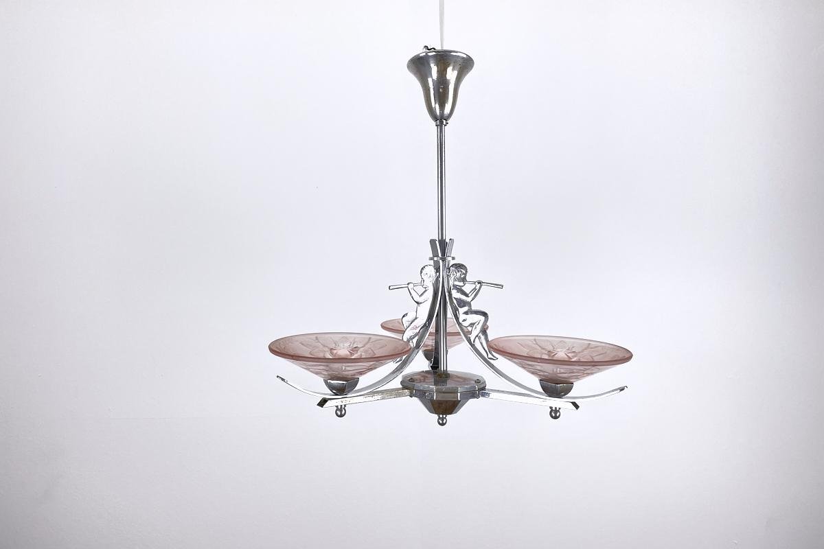 Art Deco Chrome & Pink Glass Lamp with Angel Motif and Floral Pattern from Mueller Freres Luneville, France, 1920s