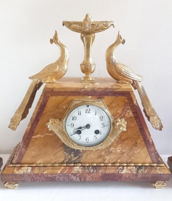 Art Deco Clock & Cassolettes in Bronze and Marble, 1925, Set of 3-AWH-1386221