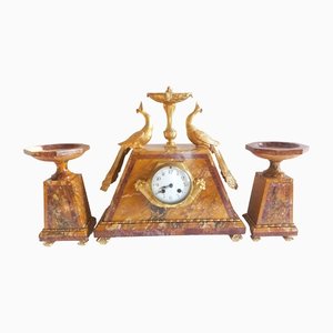 Art Deco Clock & Cassolettes in Bronze and Marble, 1925, Set of 3-AWH-1386221