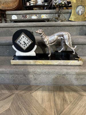 Art Deco Clock in Black and White Marble with Metal Greyhound and Rhomboidal Dial, 1930s-UAI-2033426