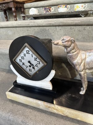 Art Deco Clock in Black and White Marble with Metal Greyhound and Rhomboidal Dial, 1930s-UAI-2033426