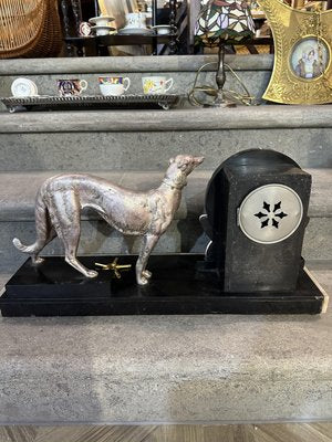 Art Deco Clock in Black and White Marble with Metal Greyhound and Rhomboidal Dial, 1930s-UAI-2033426