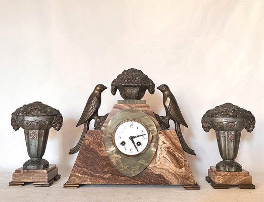 Art Deco Clock with Cassolettes in Marble, Set of 3-AWH-1299691