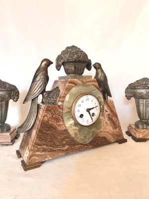 Art Deco Clock with Cassolettes in Marble, Set of 3-AWH-1299691