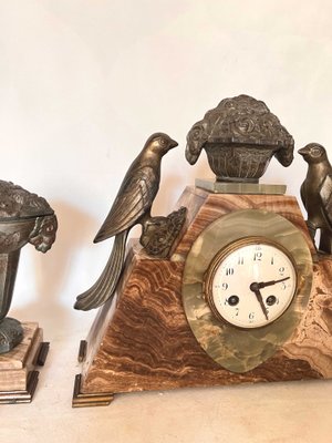 Art Deco Clock with Cassolettes in Marble, Set of 3-AWH-1299691