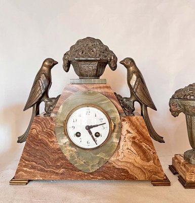 Art Deco Clock with Cassolettes in Marble, Set of 3-AWH-1299691