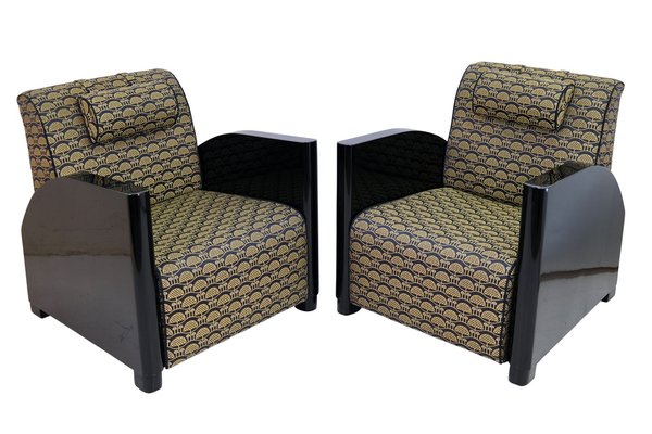 Art Deco Club Chairs in Black Lacquer and Golden Upholstery, 1930s, Set of 2-CXC-1749593