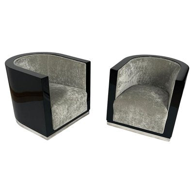 Art Deco Club Chairs in Black Lacquer & Grey Velvet, France, 1930s, Set of 2-NNB-2035107