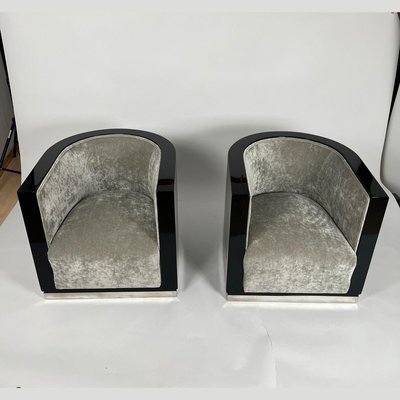 Art Deco Club Chairs in Black Lacquer & Grey Velvet, France, 1930s, Set of 2-NNB-2035107