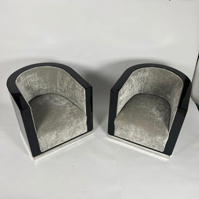 Art Deco Club Chairs in Black Lacquer & Grey Velvet, France, 1930s, Set of 2-NNB-2035107