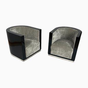 Art Deco Club Chairs in Black Lacquer & Grey Velvet, France, 1930s, Set of 2-NNB-2035107