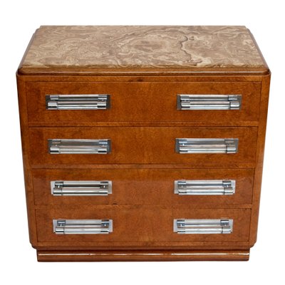 Art Deco Commode Chest of Drawers in Amboyna with Marble Top and Glass Handles, 1930s-CXC-1754386