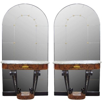 Art Deco Consoles in Burl Wood, Marble and Cast Iron with Mirror, 1930s, Set of 2-FGA-923562