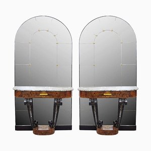 Art Deco Consoles in Burl Wood, Marble and Cast Iron with Mirror, 1930s, Set of 2-FGA-923562