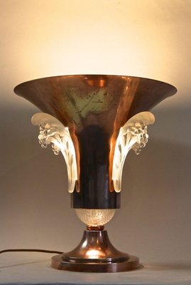 Art Deco Copper Table Lamp with Lalique Glass Elements, France, 1920s-TQA-1367740