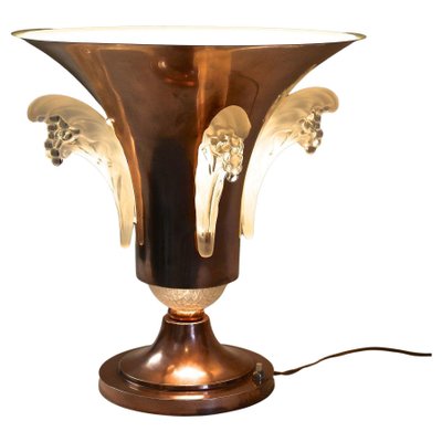 Art Deco Copper Table Lamp with Lalique Glass Elements, France, 1920s-TQA-1367740