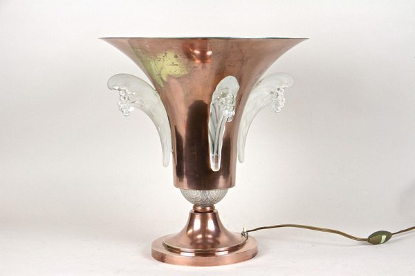 Art Deco Copper Table Lamp with Lalique Glass Elements, France, 1920s-TQA-1367740