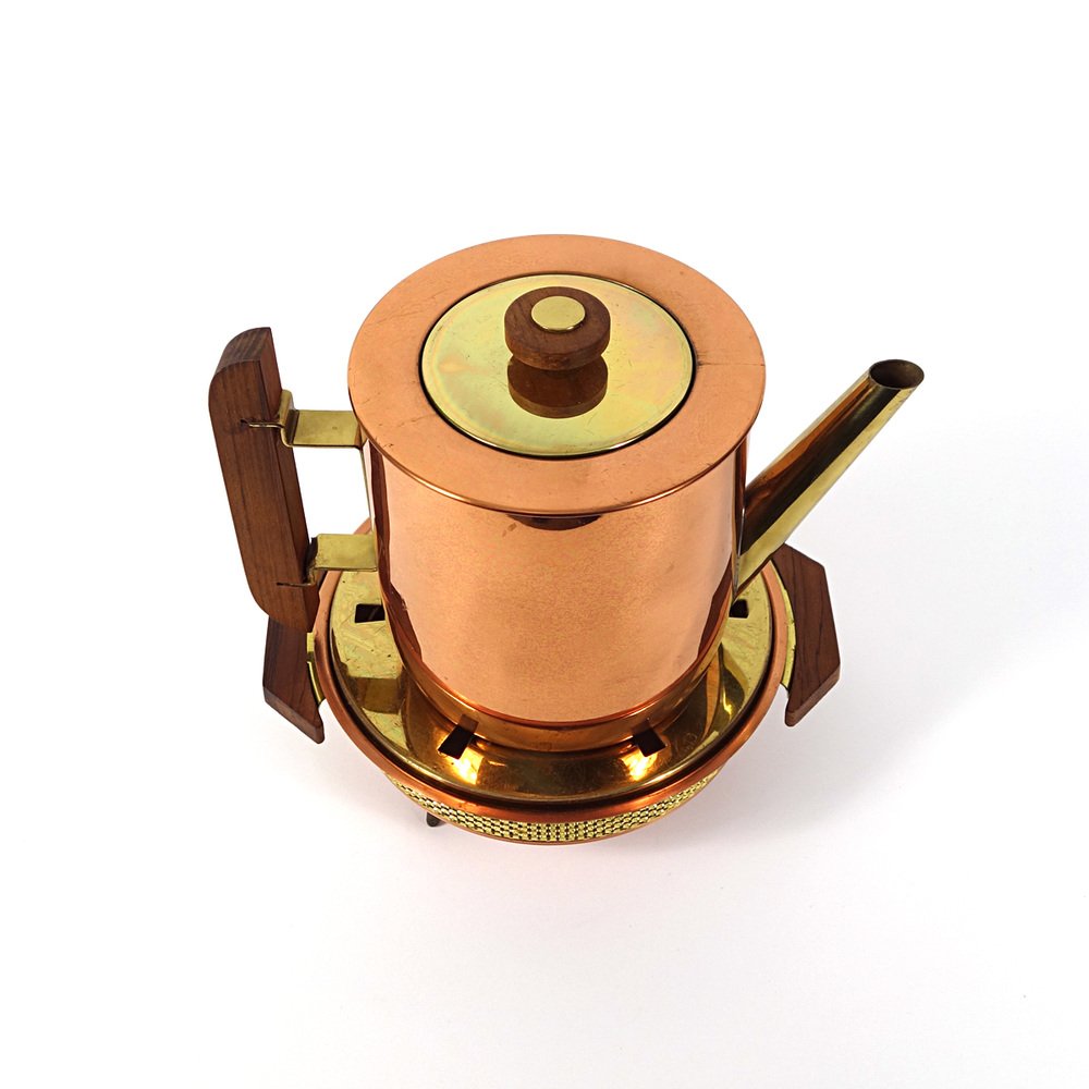 Art Deco Copper Teapot with Wood Lid and Handle