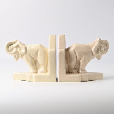 Art Deco Crackle Glaze Elephant Bookends, 1930s, Set of 2-IXK-1785843