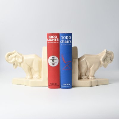 Art Deco Crackle Glaze Elephant Bookends, 1930s, Set of 2-IXK-1785843