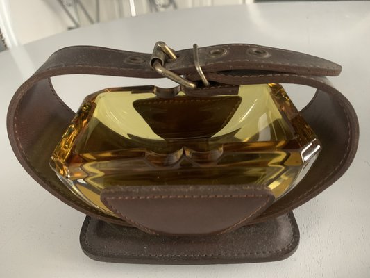 Art Deco Crystal Ashtray Framed in Leather, 1970s-WQQ-2028819