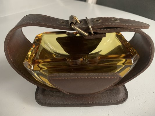 Art Deco Crystal Ashtray Framed in Leather, 1970s-WQQ-2028819