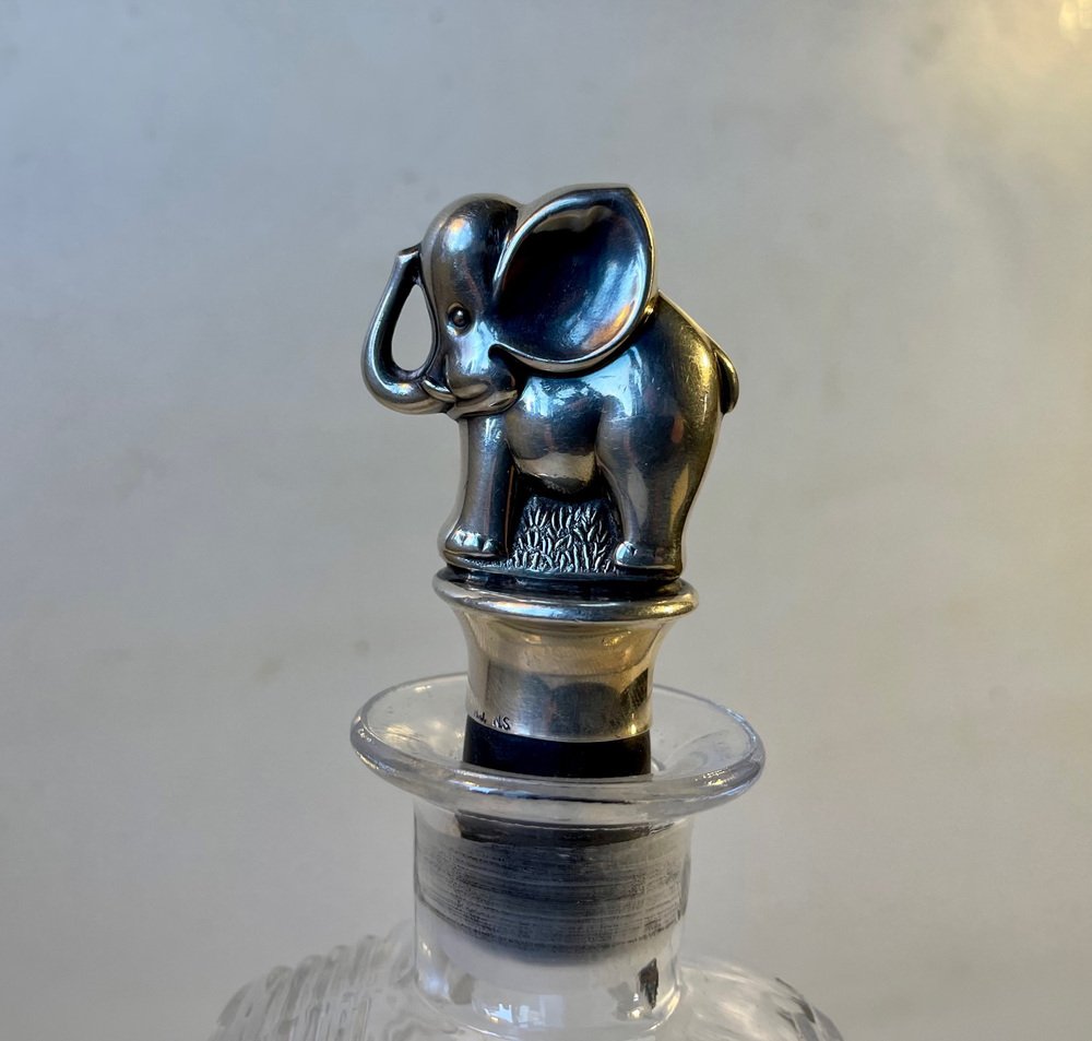 Art Deco Crystal Decanter with Silver Elephant Stopper, 1930s