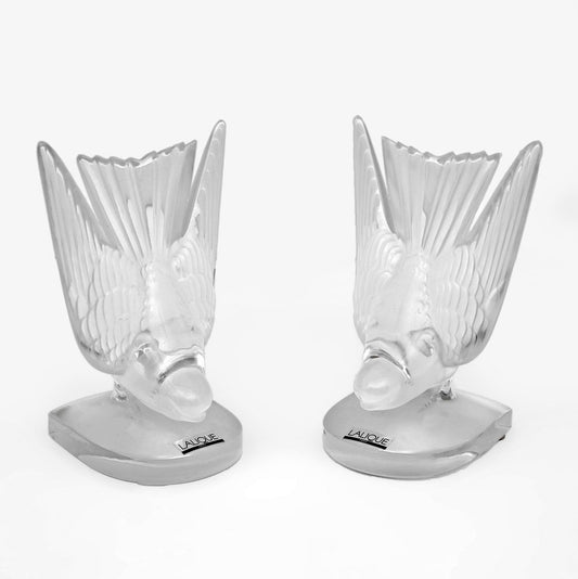 Art Deco Crystal Swallows Bookends by Lalique Hirondelles, 1980s, Set of 2