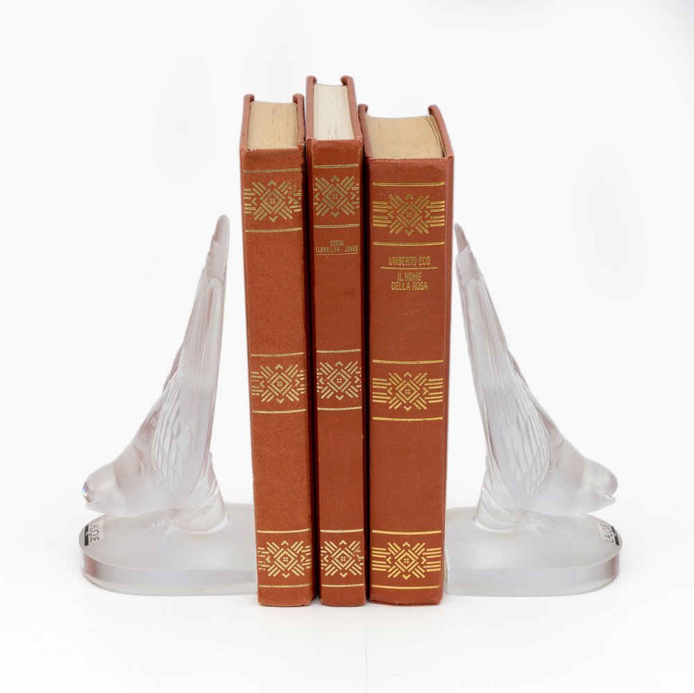 Art Deco Crystal Swallows Bookends by Lalique Hirondelles, 1980s, Set of 2